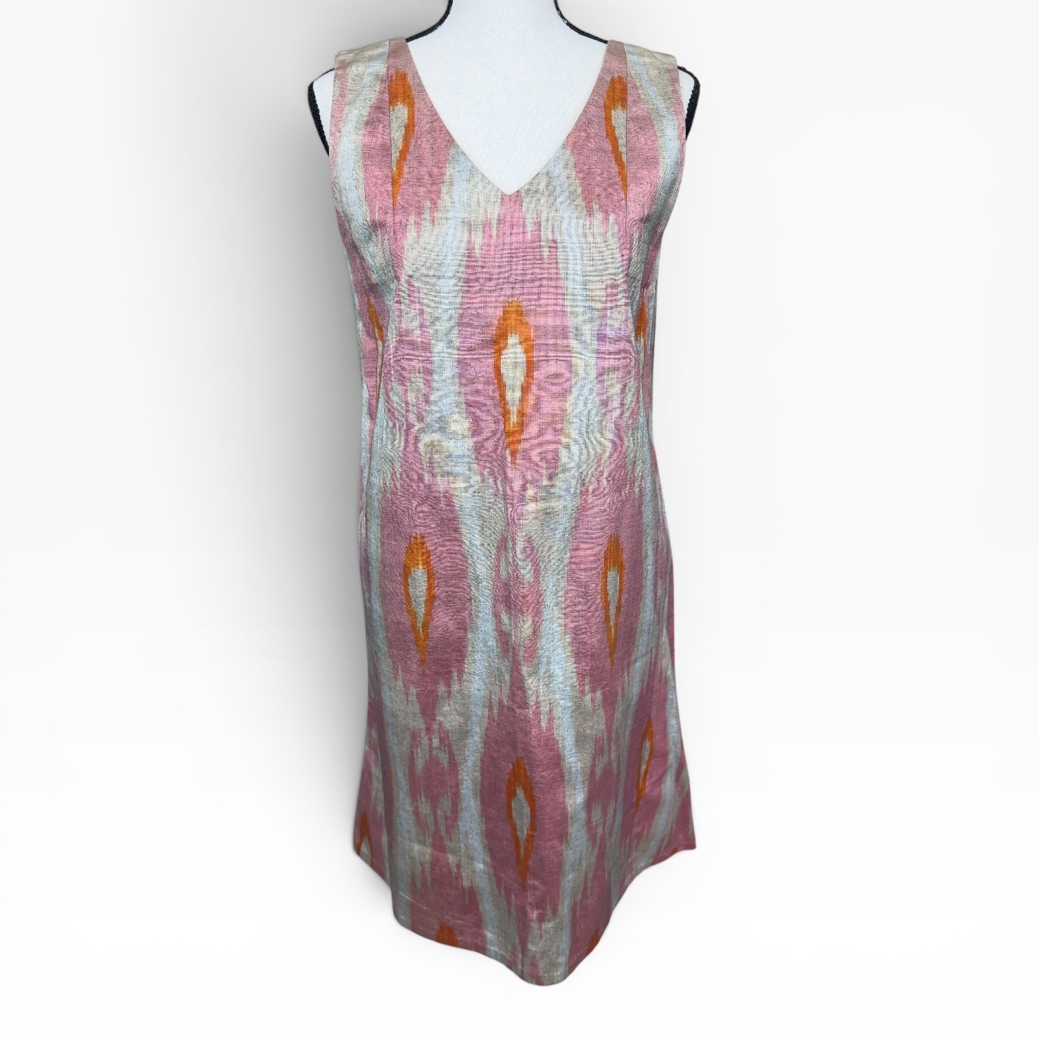 Bibi Hanum Silk Cotton Ikat Shift Dress S Pink Artisan Sleeveless A-Line $389